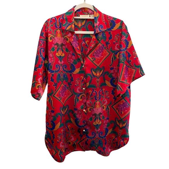 Vintage Victoria’s Secret Gold Label Blouse P/S Red Satin Floral Baroque Print - Picture 1 of 9